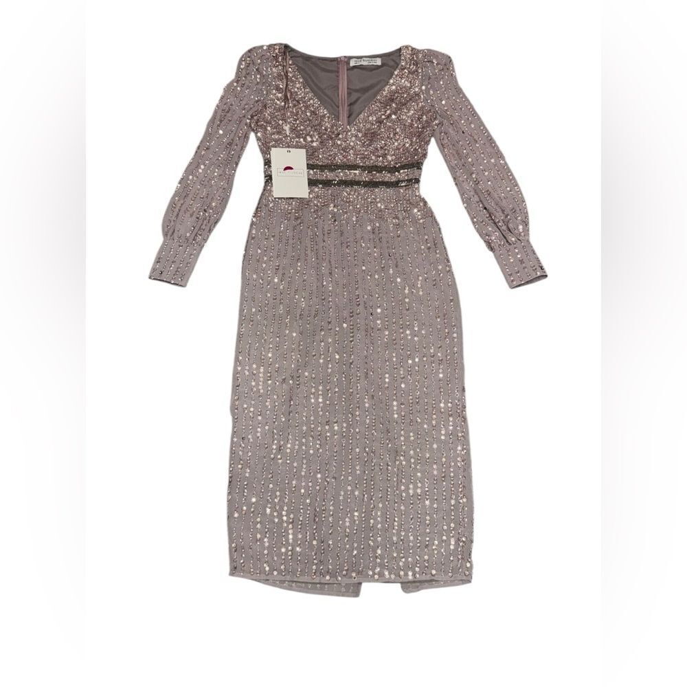 🆕 NWT MAC DUGGAL lilac SEQUINED V NECK BISHOP long SLEEVE mini DRESS 93593 sz 4